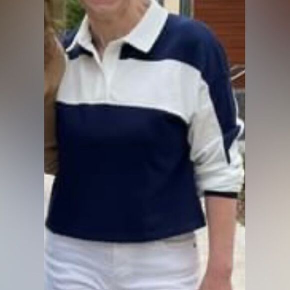 Hippie Rose blue/white blocks long-sleeved, collared, half-buttoned sweater, S - Picture 1 of 9